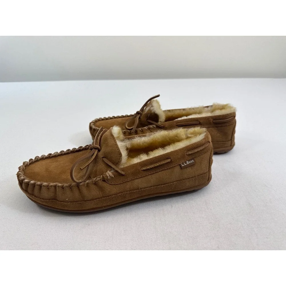 LL Bean Wicked Good Moc Suede Moccasin Slippers Mens 9 Brown Shearling Lining